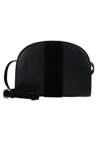 Borsa a tracolla in pelle nera con forma arrotondata, caratterizzata da una striscia centrale in suede nero e una tracolla regolabile. Texture liscia.