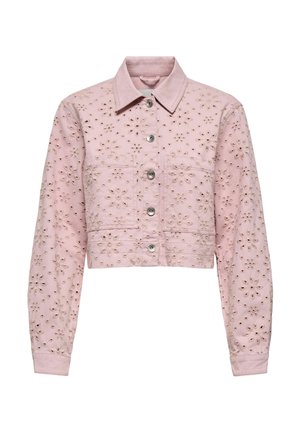 Hele roosa lühike jakk lilleliste auktikanditega, pikad varrukad, ees nööpidega kinnitatav ja kahe rinnataskuga.