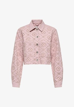 Svetlo roza kratka jakna z vezenjem rastlinskih vzorcev, z dolgimi rokavi, zapenjanjem na gumbe spredaj in dvema žepoma na prsih.