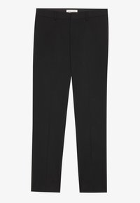 Schwarze Hose aus leichtem Stoff, mit geradem Schnitt, Gürtelschlaufen und einem schlichten Bund ohne zusätzliche Akzente.