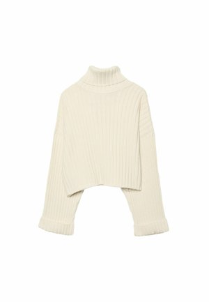 Rippstrick-Creme-Turtleneck-Pullover mit einem verkürzten Design und weiten Ärmeln. Der Stoff erscheint weich und strukturiert; die Bündchen sind umgeschlagen.