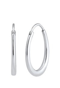 Sølvøreringe med en glat, poleret finish. Cirkulær form med en sikker hængsel-lukning, der har et let forlænget design.