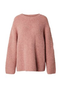 Rosa gestrickter Pullover mit rundem Ausschnitt, langen Ärmeln und einem strukturierten Rippmuster. Weiches, gemütliches Material mit lockerer Passform.