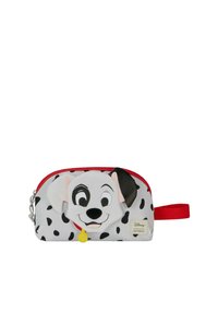 Tas met Dalmatiërpatroon en rode rits, met een hondengezichtontwerp. Gemaakt van zacht materiaal; inclusief een strap en gele label-detail.