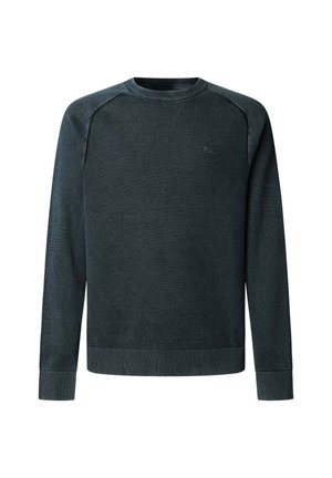 Temno siva majica z okroglim izrezom, rebrastimi manšetami in spodnjim robom, z obliko teksturiranega tkanja in majhnim izvezenim logotipom na prsih.