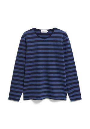 Donkerblauwe t-shirt met lange mouwen en horizontale strepen in verschillende tinten. Zachte stof, ronde hals, ontspannen pasvorm en gestikte zomen.