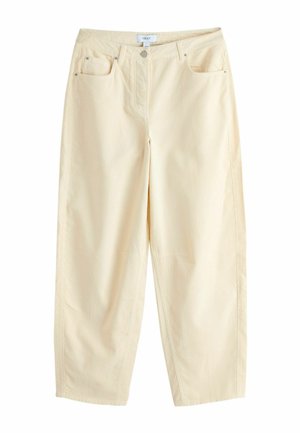 Kreemivärvides laia lõikega püksid, valmistatud puuvillast, millel on lukk ja nööp, esiosas taskud ning peene tekstuuriga.