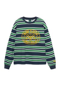 Dlhý rukáv bavlnené tričko s námorníckymi, zelenými a bielymi pruhmi a žltým grafickým dizajnom s nápisom "pozdravy z". Štandardný strih, rebrovaný golier.