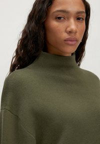 Olivgrüner, hochgeschlossener Pullover aus weichem Strickmaterial. Lockere Passform mit gerippten Akzenten am Kragen und an den Ärmeln. Sanfte Textur und minimalistisches Design.