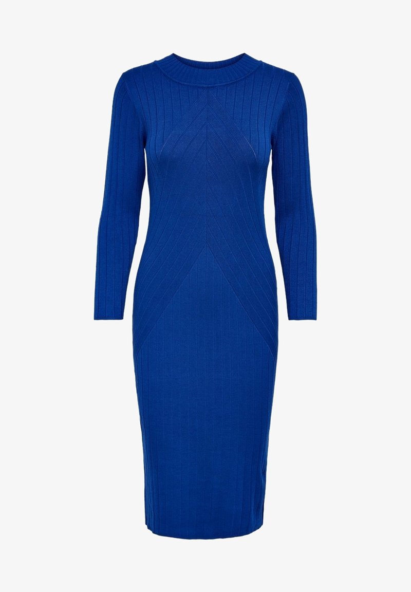 Robe en maille bleue ajustée, à manches longues et longueur genou, avec une texture côtelée et un motif chevron discret sur le devant.