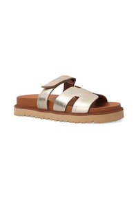Metalliske guld slidssandaler med to brede stropper, brun polstret sål og mønstret gummisål, designet til komfort og nem brug.