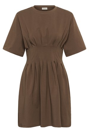 Brown short-sleeve dress with round neckline and gathered waist pleats, creating a fitted silhouette and flared skirt.