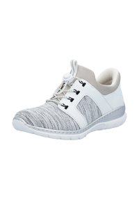 Light gray and white athletic shoe with mesh fabric, easy pull-tab at tongue, toggle lace closure, and cushioned sole.