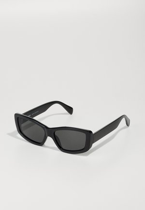 Black rectangular sunglasses with dark lenses, made of sturdy plastic. Features smooth texture and wide, straight temples.