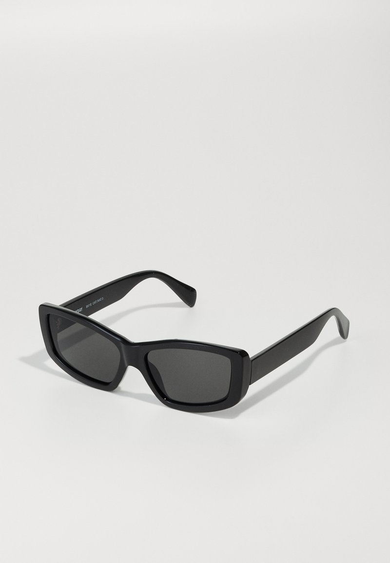 Black rectangular sunglasses with dark lenses, made of sturdy plastic. Features smooth texture and wide, straight temples.