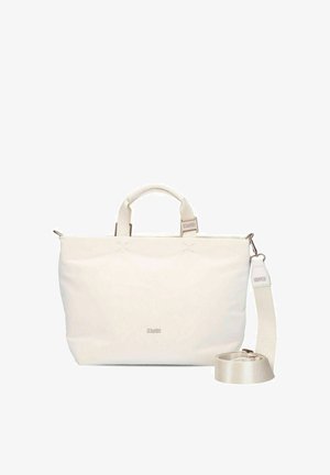White tote bag with a smooth texture, rectangular shape, and dual handles. Includes a detachable shoulder strap and subtle branding.