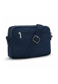 Borsa a spalla in nylon blu marino con superficie testurizzata, dotata di un ampio scomparto principale con zip e una tasca anteriore con zip. Include una tracolla regolabile.