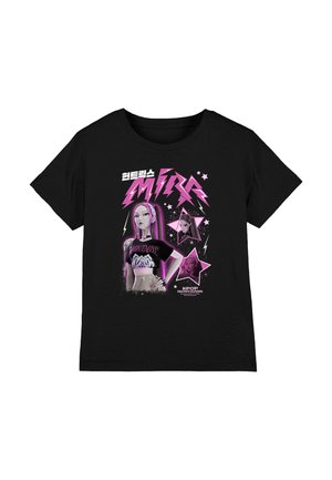 Black cotton t-shirt featuring a graphic print of a female character with pink accents, lightning bolts, and star motifs.