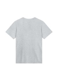 Gray cotton t-shirt with short sleeves, crew neck, and soft texture; plain design with no visible logos or patterns on the back.