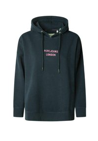 Felpa blu navy realizzata in morbido tessuto, dotata di tasca a marsupio, cappuccio con cordini e scritta rosa "PEPE JEANS LONDON" sul davanti.