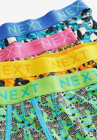 Farebné pánske boxerky s vzorovanými dizajnmi: modré s pandami, ružové s tigrami, žlté s opicami, zelené so zebrami. Elastické pásiky zobrazujú "NEXT."