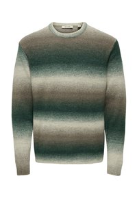 Pull à col rond avec des rayures dégradées horizontales dans des tons de vert, gris et beige, doté de poignets et d'un ourlet côtelés.