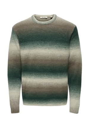 Crewneck sweater with horizontal gradient stripes in shades of green, gray, and beige, featuring ribbed cuffs and hem.