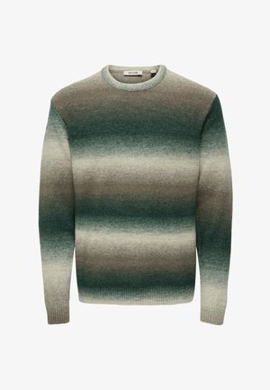 Kaelusega kampsun, millel on horisontaalsed gradient triibud rohelise, halli ja beeži toonides, ning soonikkoes mansetid ja ääred.