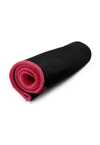 Black mesh yoga mat rolled up, with a bright pink edge. The material appears textured, showcasing a breathable design for grip.