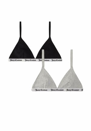 Dva trianglasta braleta u crnoj i sivoj boji. Mekani materijal s kontrastnim bijelim trakama na kojima je crnim slovima ispisano "Juicy Couture".