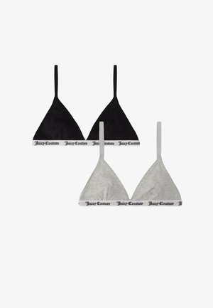 Twee driehoekige bralettes in zwart en grijs. Zachte stof met een contrasterende witte band met "Juicy Couture" in zwarte letters.