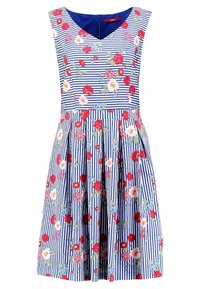 Vestido floral con un corpiño ajustado y una falda acampanada. Presenta rayas verticales en azul y blanco, flores de múltiples colores y un cierre en la parte posterior.