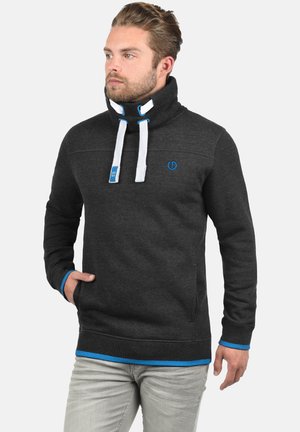 Dark grey fleece sweatshirt with high collar, white and blue drawstrings, and blue accents at cuffs and hem. Features front pockets.