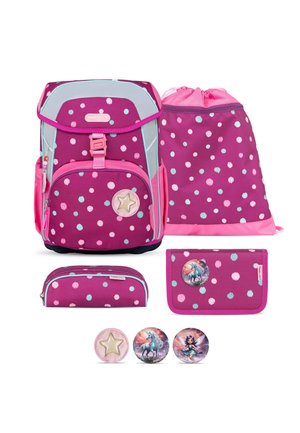 Lila und rosa gepunktetes Schulset mit Rucksack, Turnbeutel, Federmäppchen, Geldbörse und drei dekorativen Ansteckern mit Stern, Einhorn und Fee.