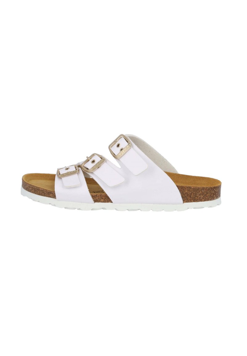 White sandal with three adjustable straps, cork midsole, and a textured rubber outsole. Features metal accents on straps for added detail.