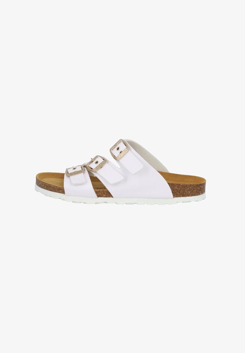 White sandal with three adjustable straps, cork midsole, and a textured rubber outsole. Features metal accents on straps for added detail.