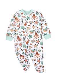 Weißer Baby-Overall mit einem verspielten maritimen Muster von Oktopussen, Fischen und Booten in Orange- und Grüntönen, mit mintgrünen Akzenten.