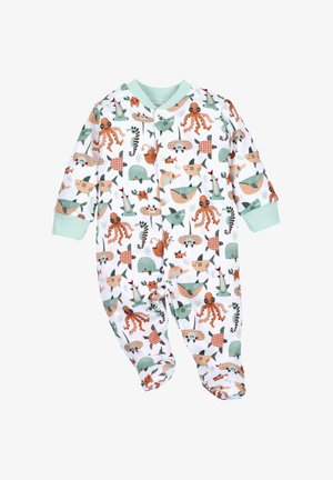White baby onesie featuring a playful marine-themed print with octopuses, fish, and boats in orange and green hues, with mint green accents.