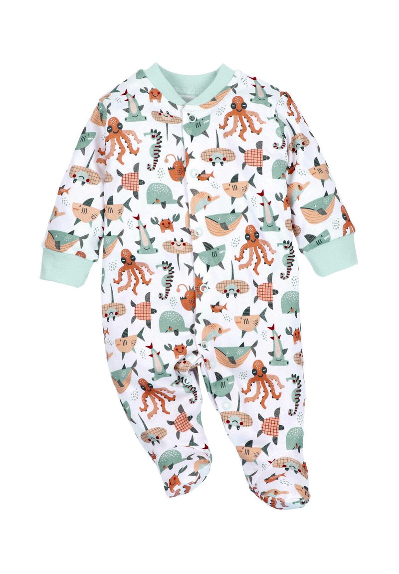 Weißer Baby-Overall mit einem verspielten maritimen Muster von Oktopussen, Fischen und Booten in Orange- und Grüntönen, mit mintgrünen Akzenten.