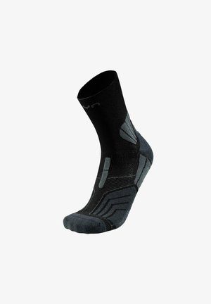 Schwarze Knöchelsocke mit grauen Akzentmustern und strukturiertem Stoff. Verfügt über verstärkte Zehen- und Fersenpartien für Haltbarkeit und Unterstützung.