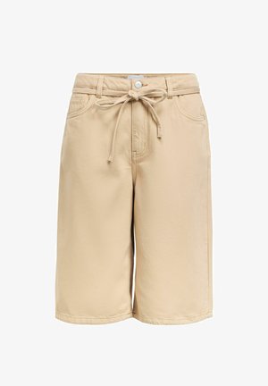 Béžové šortky po kolená s prednými vreckami, pútkami na opasok, zapínaním na gombík, zipsom a viazaným látkovým opaskom v páse.