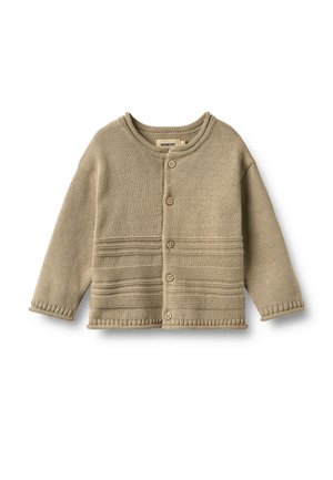 Beiger gestrickter Baby-Cardigan mit langen Ärmeln, Rundhalsausschnitt, vier vorderen Knöpfen und horizontalen strukturierten Streifen im unteren Bereich.
