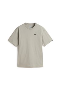 Hellgraues Baumwoll-T-Shirt mit rundem Halsausschnitt und kurzen Ärmeln. Auf der linken Brust befindet sich ein kleines schwarzes Skateboard-Logo.