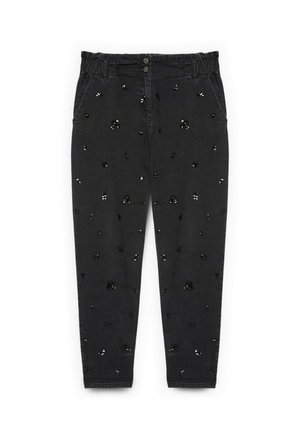Zwarte broek met hoge taille en taps toelopende pijpen, voorzakken, dubbele knoopsluiting en verspreide kleine zwarte en zilveren pailletten als versiering.