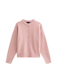Cardigan de punto rosa con cuello redondo, cierre de botones en el frente y puños y dobladillo acanalados. Textura suave y corte holgado.