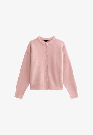 Roze gebreide cardigan met een ronde halslijn, knopsluiting aan de voorkant en geribbelde manchetten en zoom. Zachte textuur en relaxte pasvorm.
