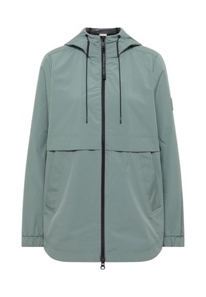 Imperméable vert à capuche avec fermeture éclair complète à l'avant, cordon de serrage à la capuche, deux poches avant et poignets élastiques.