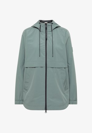 Zielona kurtka przeciwdeszczowa z kapturem, zapinana na zamek błyskawiczny na całej długości z przodu, z regulowanym kapturem na sznurek, dwoma przednimi kieszeniami oraz elastycznymi mankietami.
