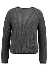 Pull gris en maille avec une texture côtelée, doté d'un col rond et de manches longues. Accents noirs à l'ourlet et aux poignets.