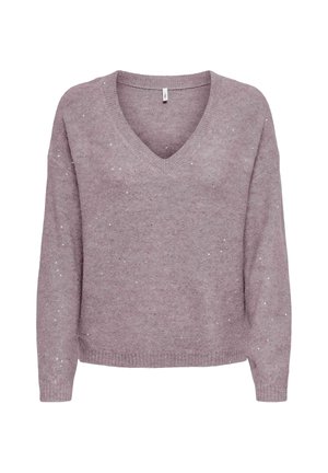 Soft mauve knitted sweater with long sleeves, V-neck, and subtle white speckled pattern throughout the fabric.